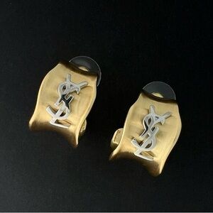 Vintage YSL Gold Tone Stud Hoop Earrings - Silver Logo Accent